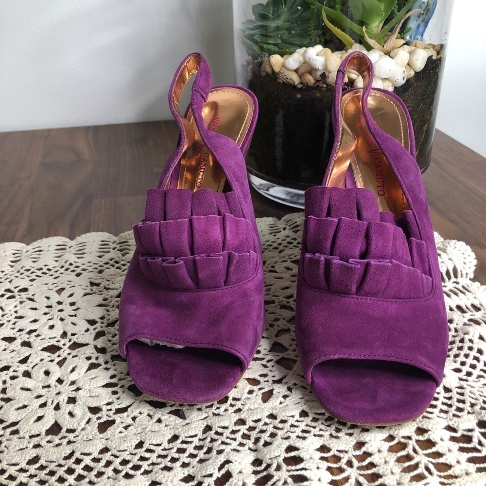 Vince Camuto Purple Suede Sling Back Heel Stack